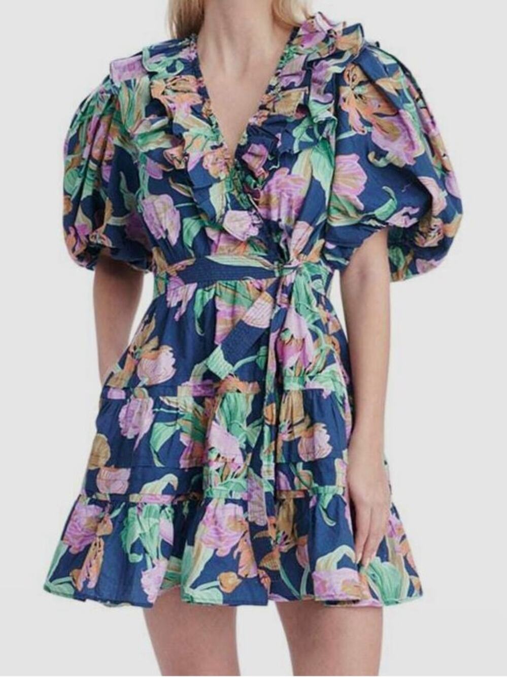 Love The Label Remy Belted Floral Poplin Ruffle Mini Dress in Navy Size X-Small
